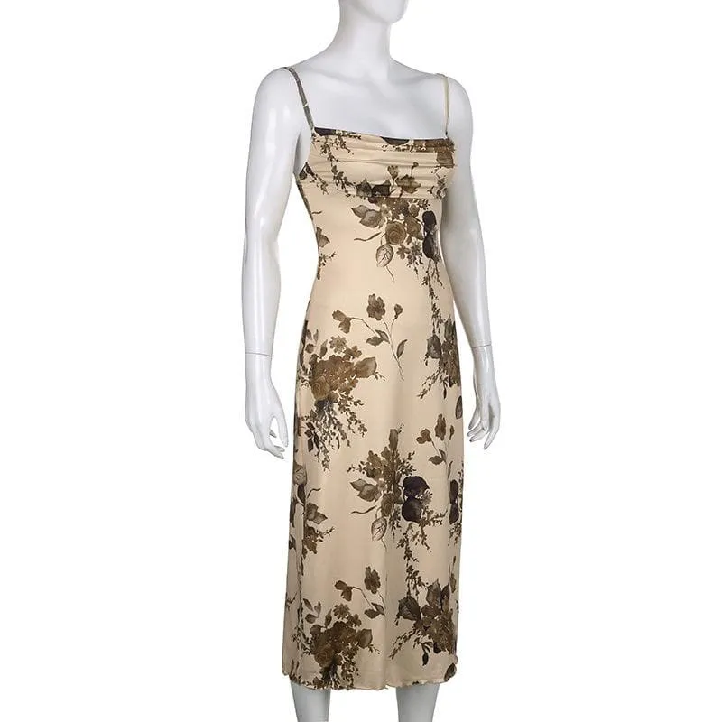 Sleeveless backless cowl neck flower pattern cami dress