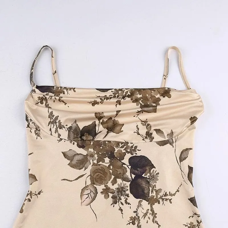 Sleeveless backless cowl neck flower pattern cami dress
