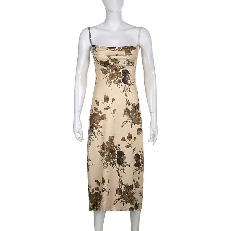 Sleeveless backless cowl neck flower pattern cami dress