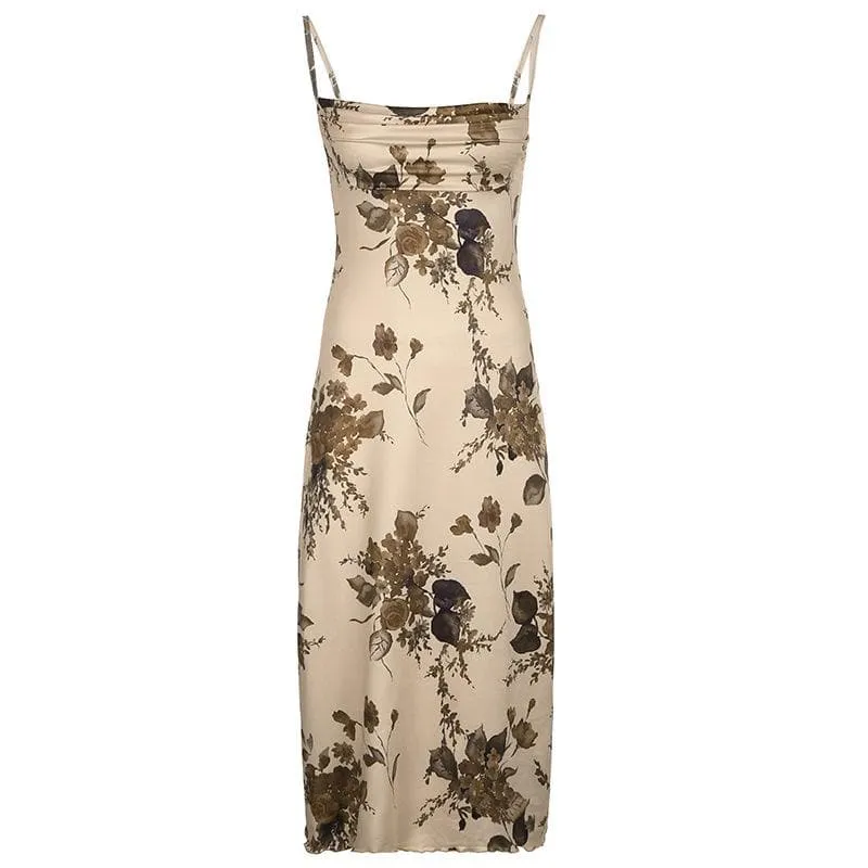 Sleeveless backless cowl neck flower pattern cami dress