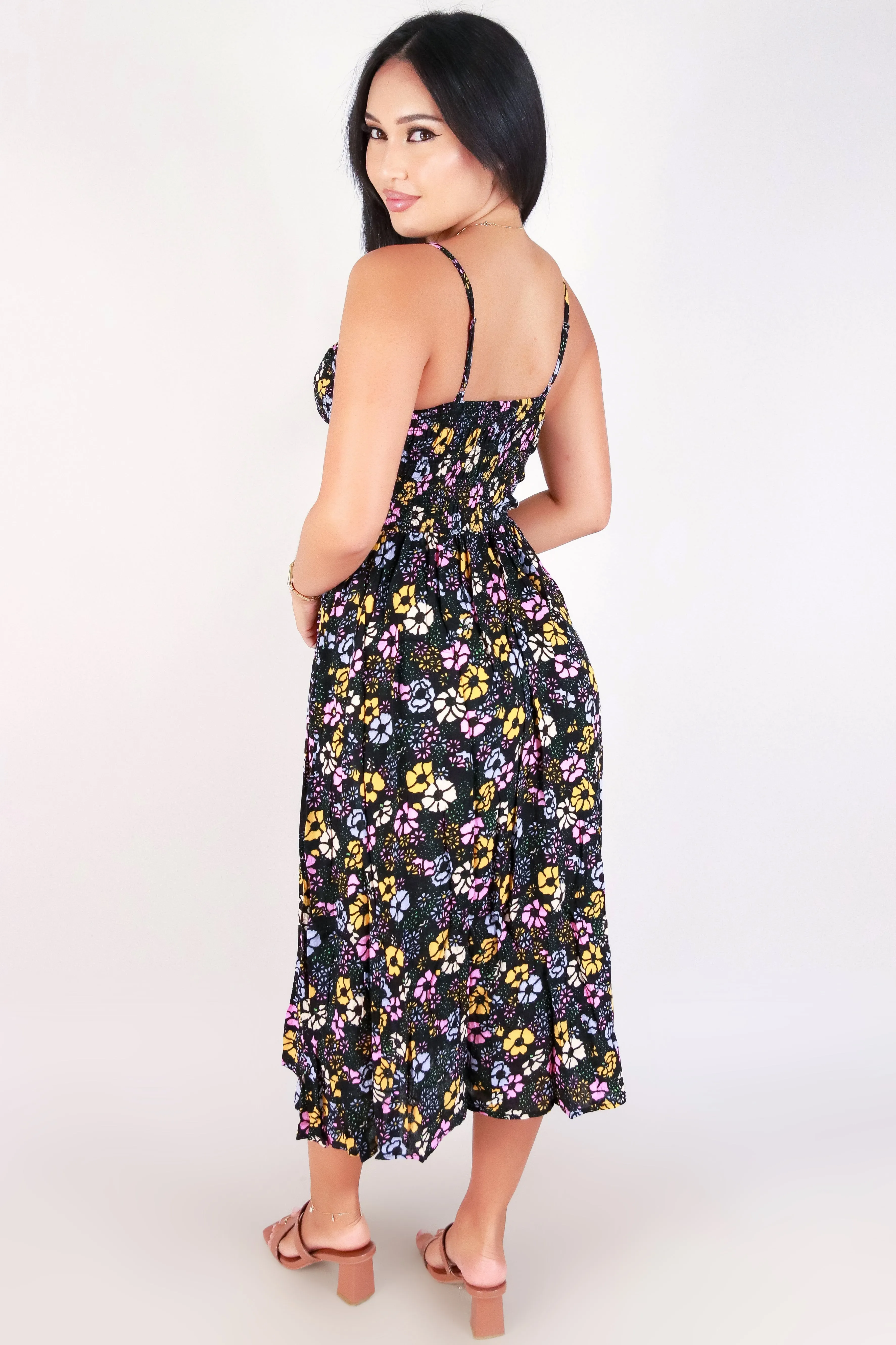 SMOCKED FLORAL MIDI DRESS