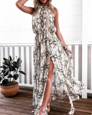 Snakeskin Grain Printed Halter Elastic Waist Split Maxi Dresses