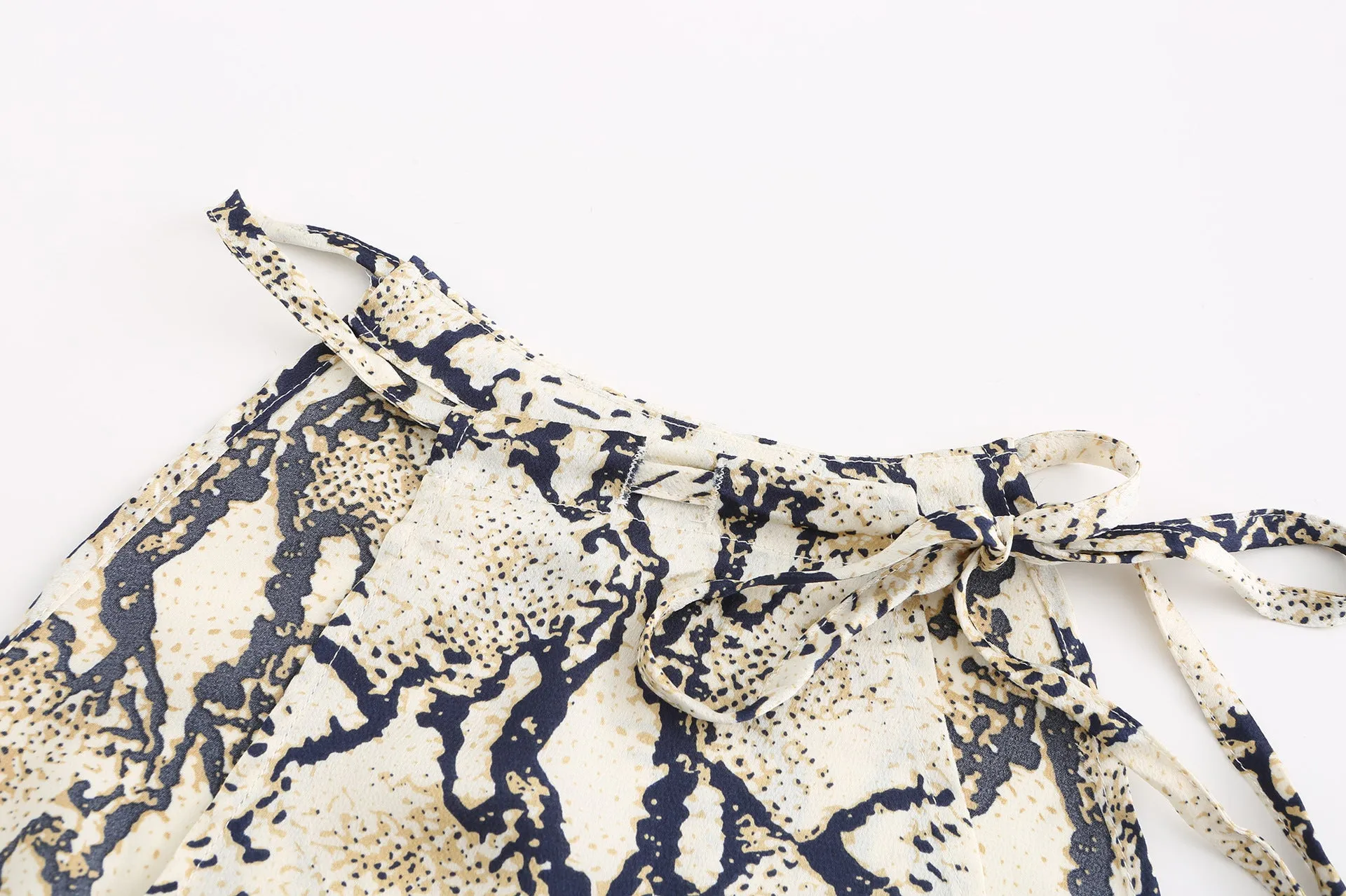 Snakeskin Grain Printed Halter Elastic Waist Split Maxi Dresses