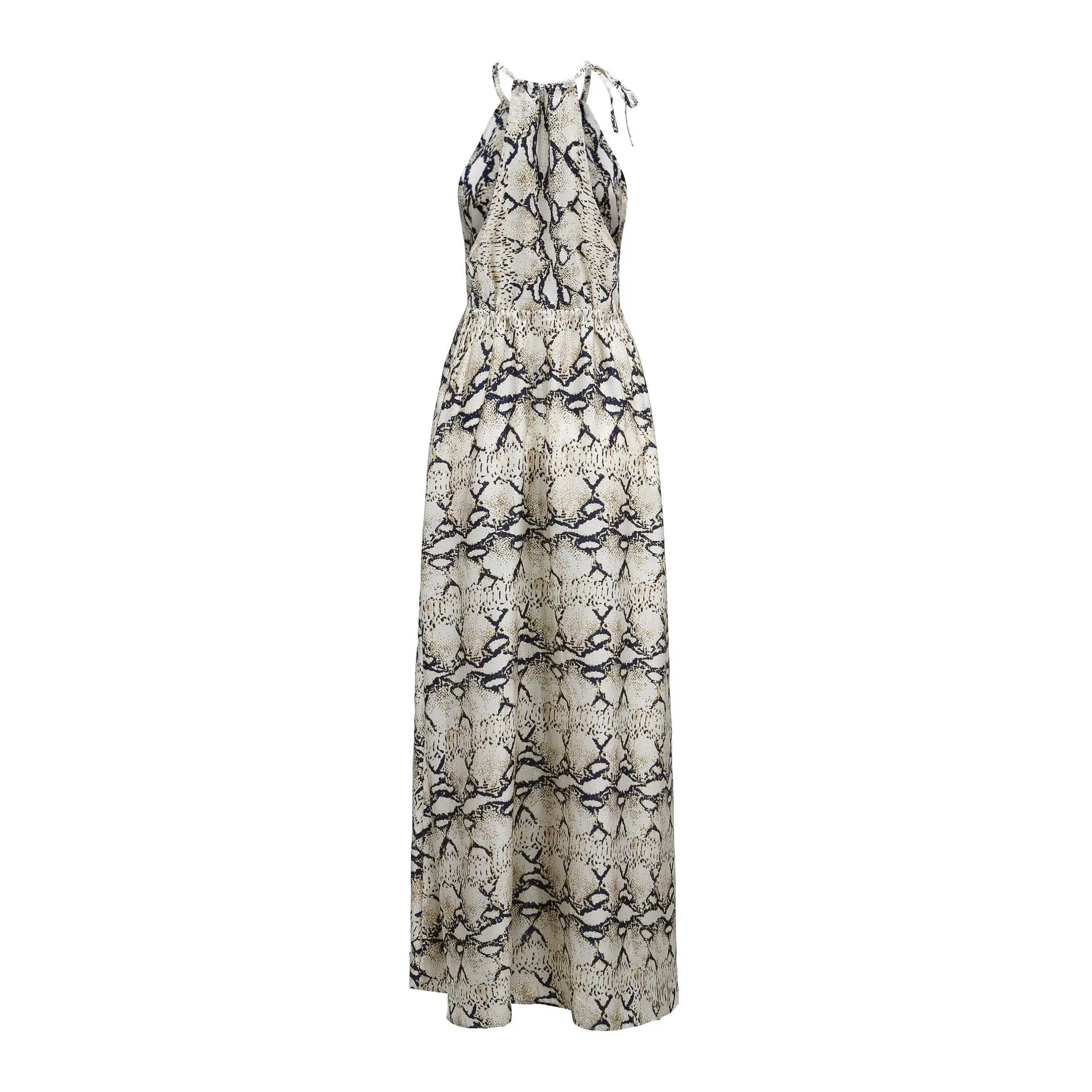 Snakeskin Grain Printed Halter Elastic Waist Split Maxi Dresses