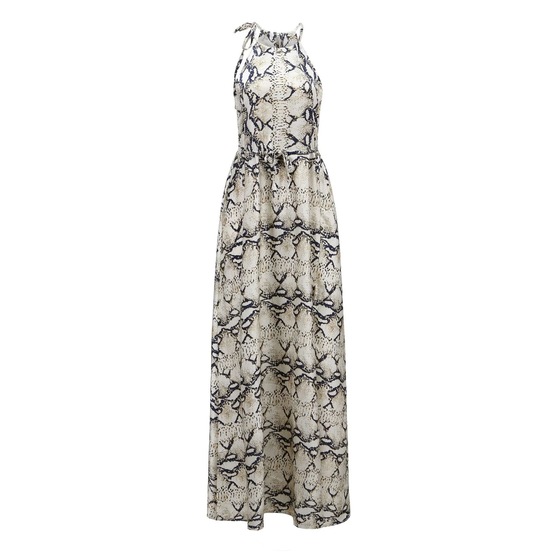 Snakeskin Grain Printed Halter Elastic Waist Split Maxi Dresses