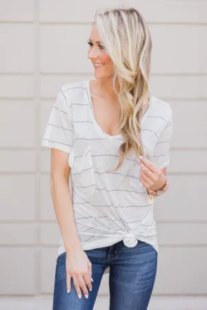 So Soft Striped Pocket Top- White & Grey