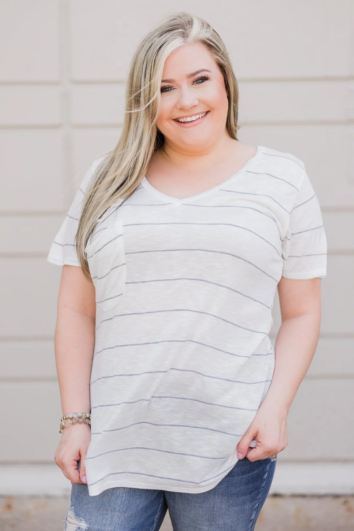 So Soft Striped Pocket Top- White & Grey