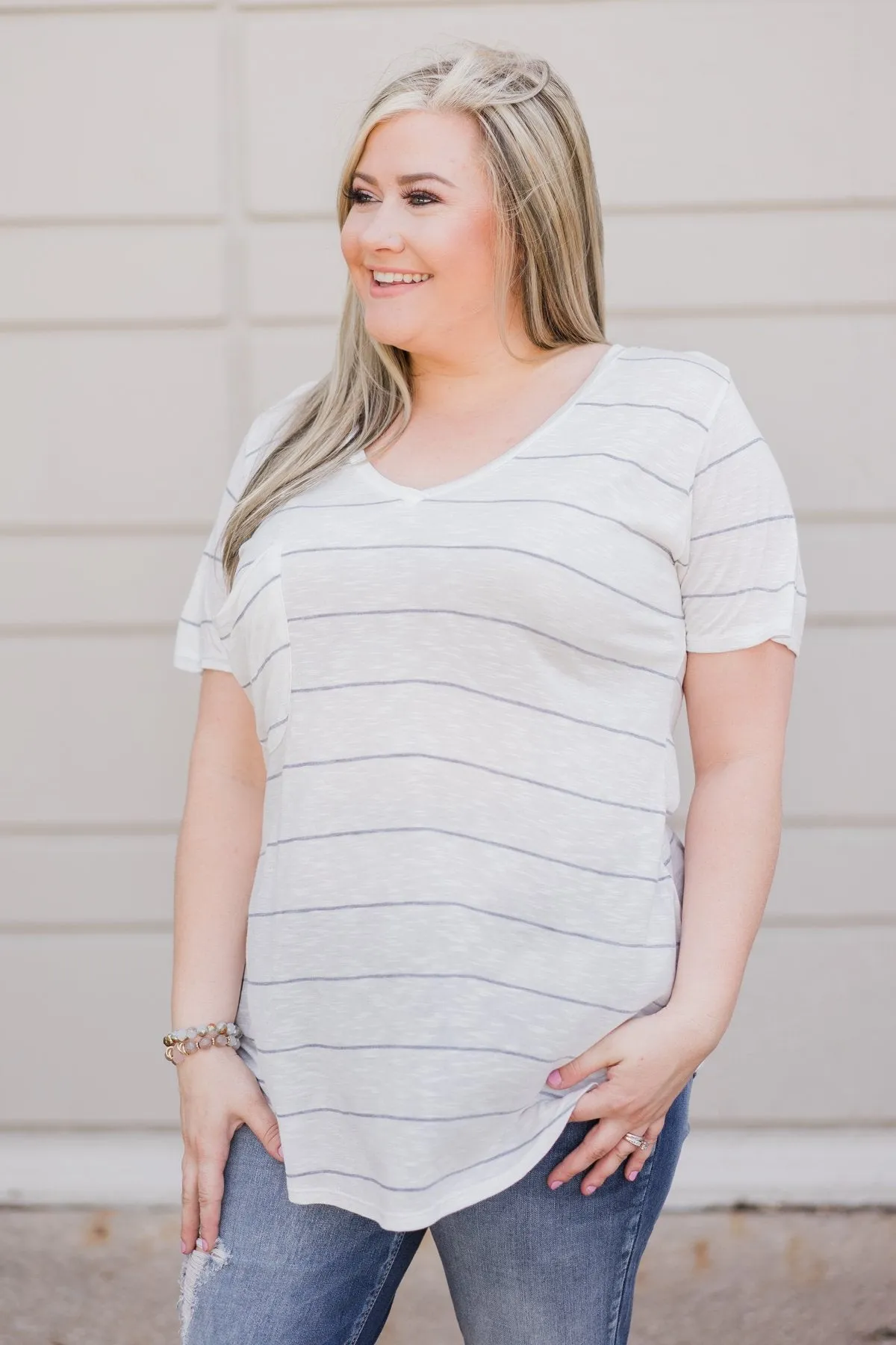 So Soft Striped Pocket Top- White & Grey