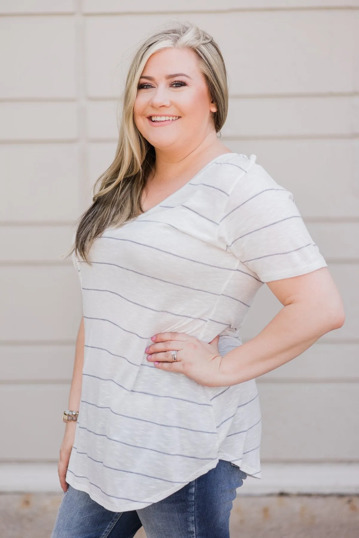 So Soft Striped Pocket Top- White & Grey