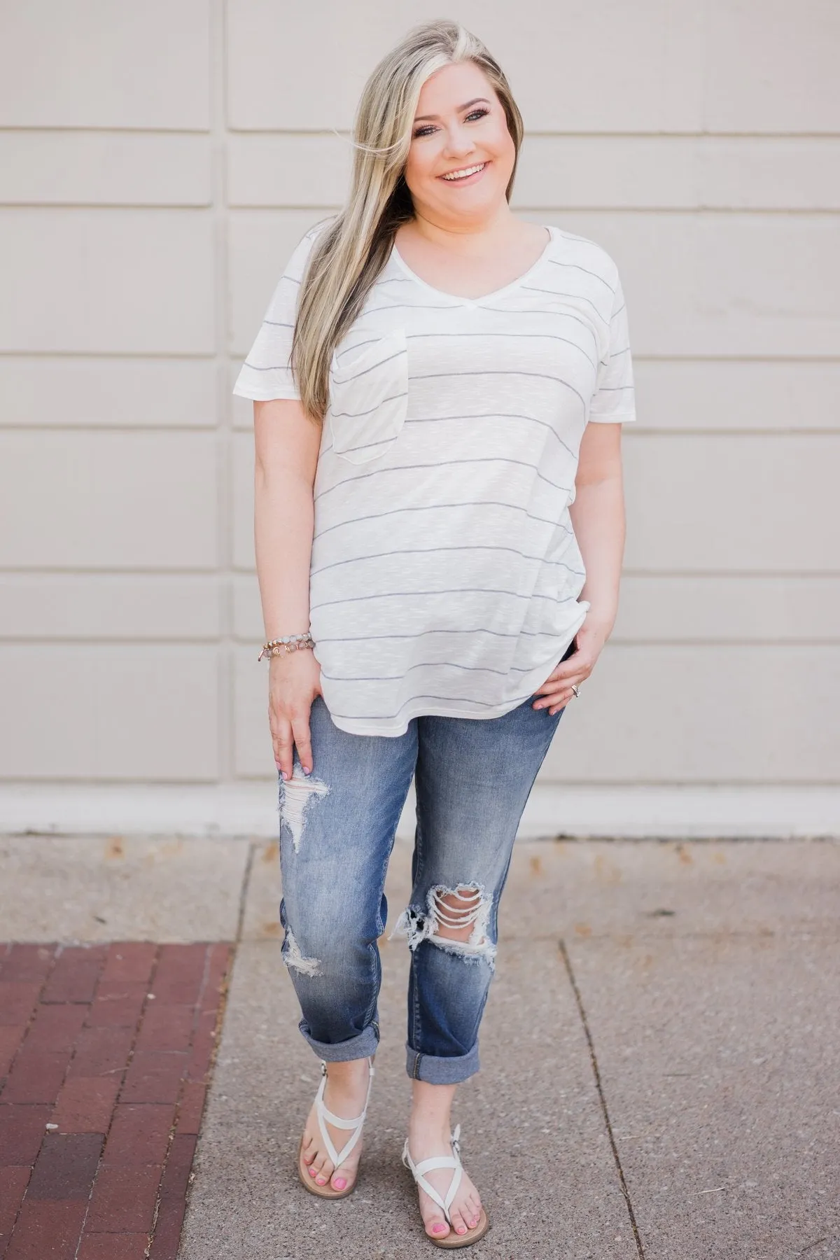 So Soft Striped Pocket Top- White & Grey