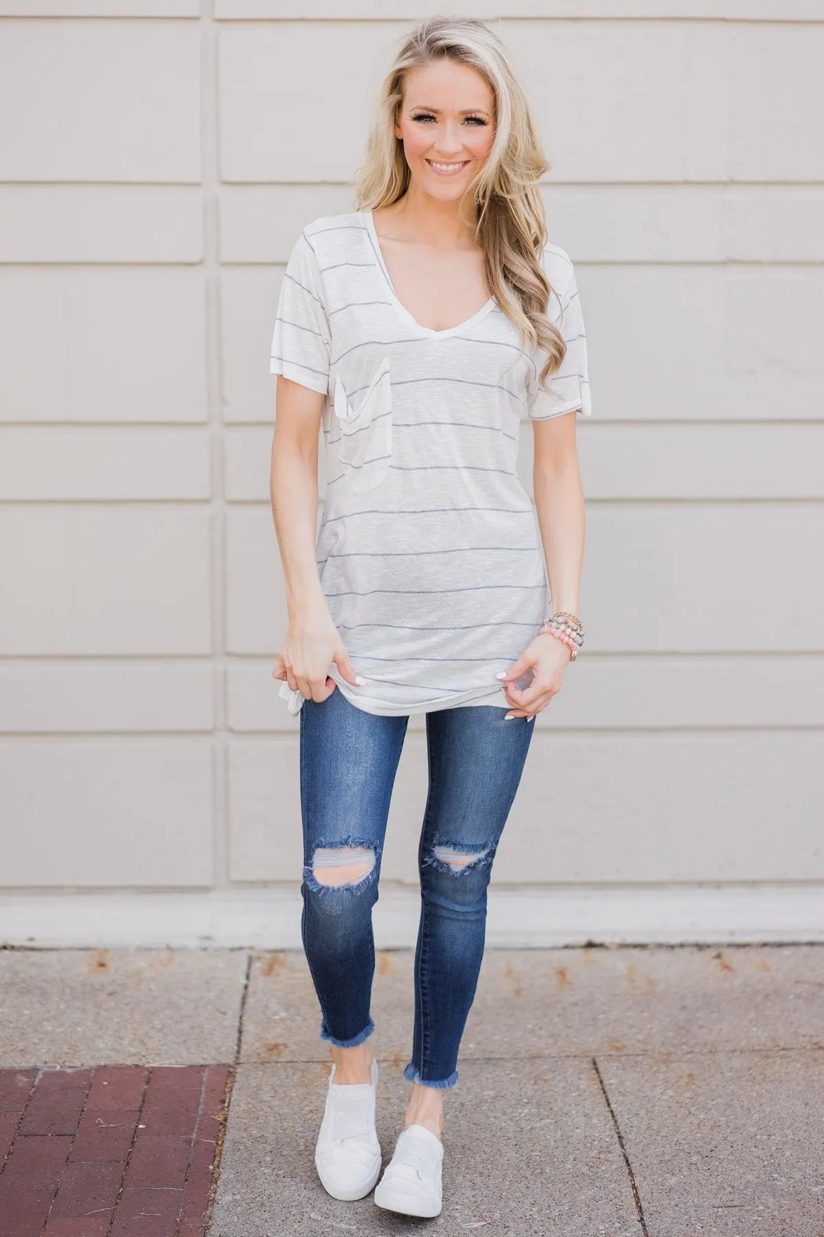 So Soft Striped Pocket Top- White & Grey