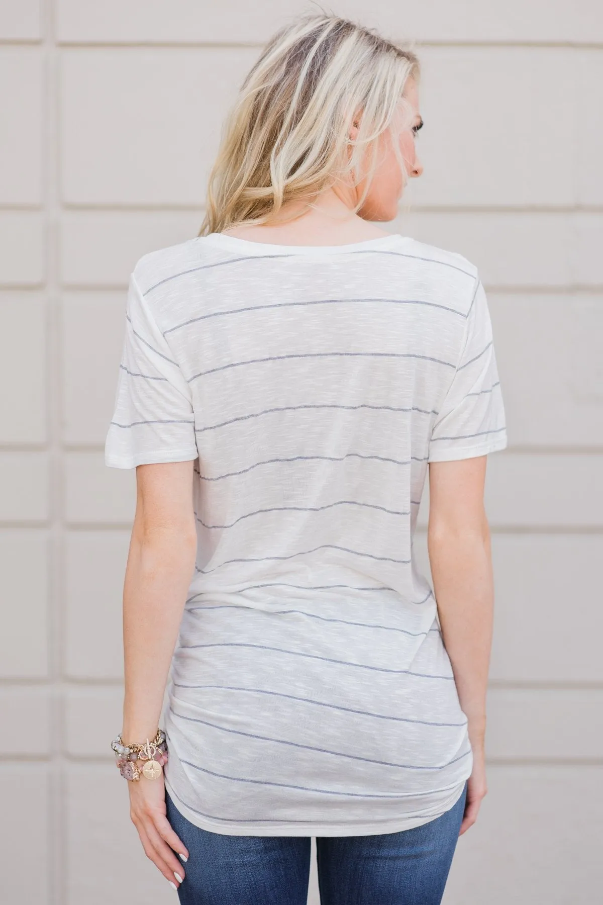So Soft Striped Pocket Top- White & Grey