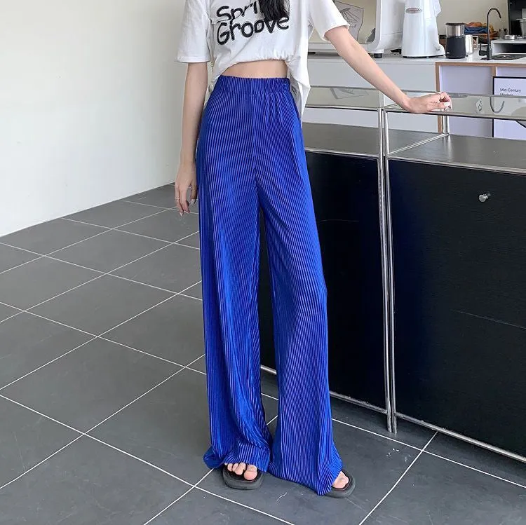 Solid Elastic Waist Pleated Loose Pants