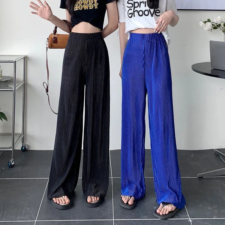 Solid Elastic Waist Pleated Loose Pants