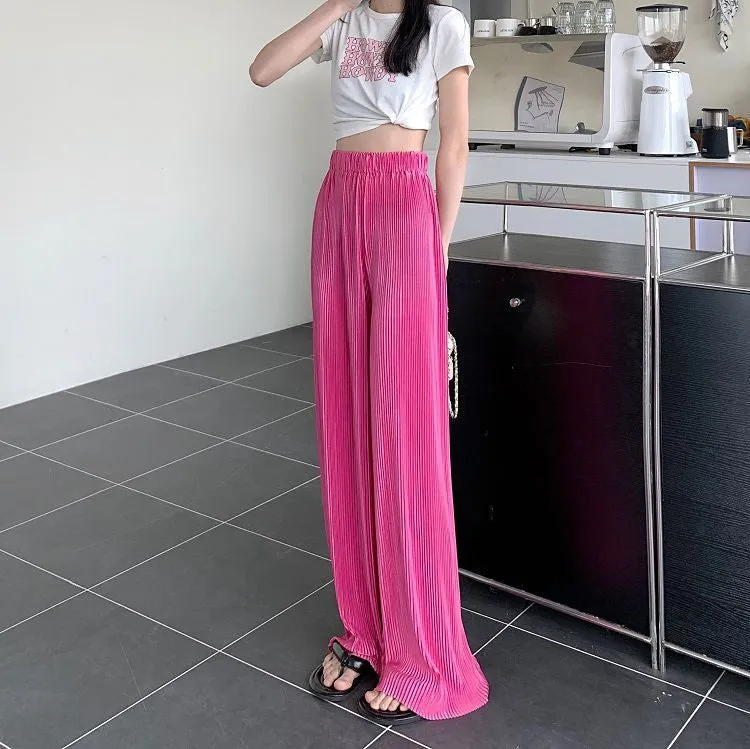 Solid Elastic Waist Pleated Loose Pants