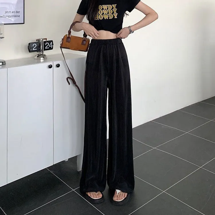 Solid Elastic Waist Pleated Loose Pants