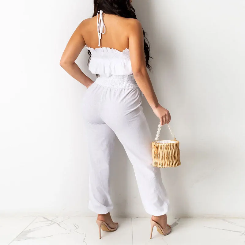 Solid Off Shoulder Tube Top & Loose Pants Set