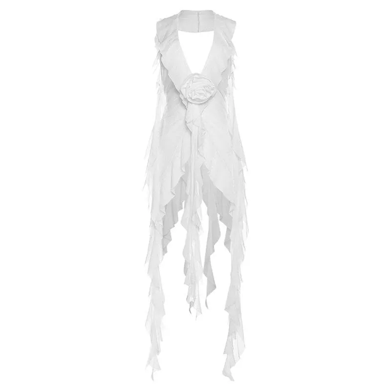 Solid sleeveless see through sheer mesh halter ruffle v neck flower applique top