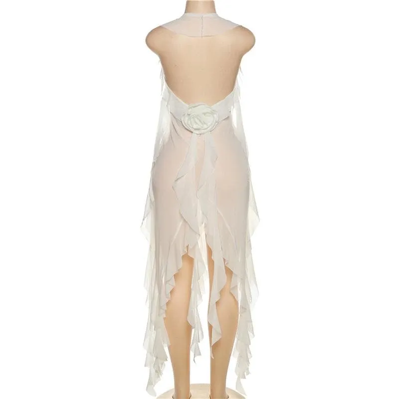 Solid sleeveless see through sheer mesh halter ruffle v neck flower applique top