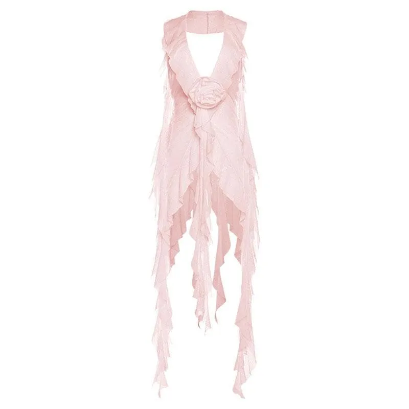 Solid sleeveless see through sheer mesh halter ruffle v neck flower applique top