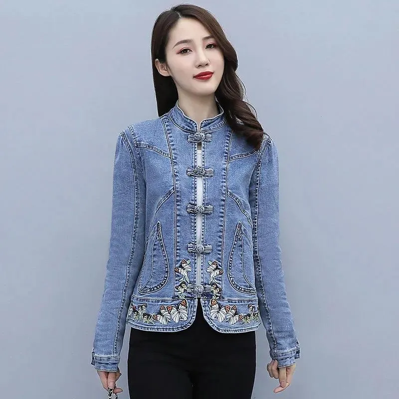 Spring and Autumn Denim Jacket Women's Short All-match Retro Chinese Style Embroidered Stretch Jacket Slim Top Trendy