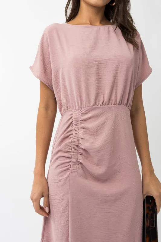S/S ELASTIC SHIRRING MIDI DRESS