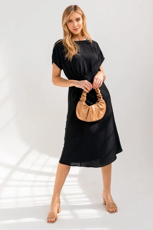 S/S ELASTIC SHIRRING MIDI DRESS