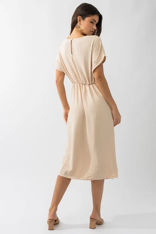 S/S ELASTIC SHIRRING MIDI DRESS