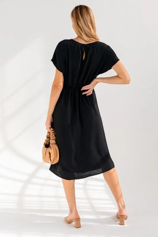 S/S ELASTIC SHIRRING MIDI DRESS