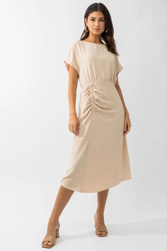 S/S ELASTIC SHIRRING MIDI DRESS