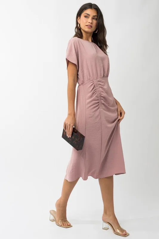 S/S ELASTIC SHIRRING MIDI DRESS