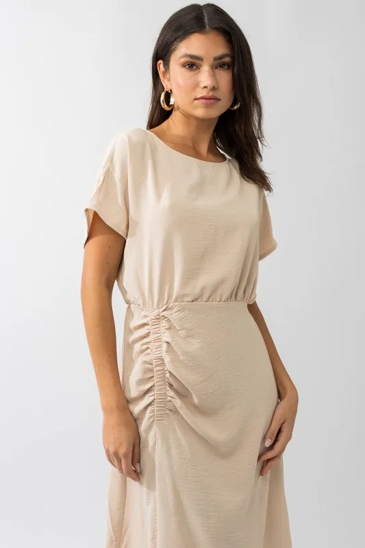 S/S ELASTIC SHIRRING MIDI DRESS