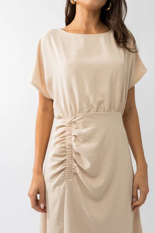 S/S ELASTIC SHIRRING MIDI DRESS