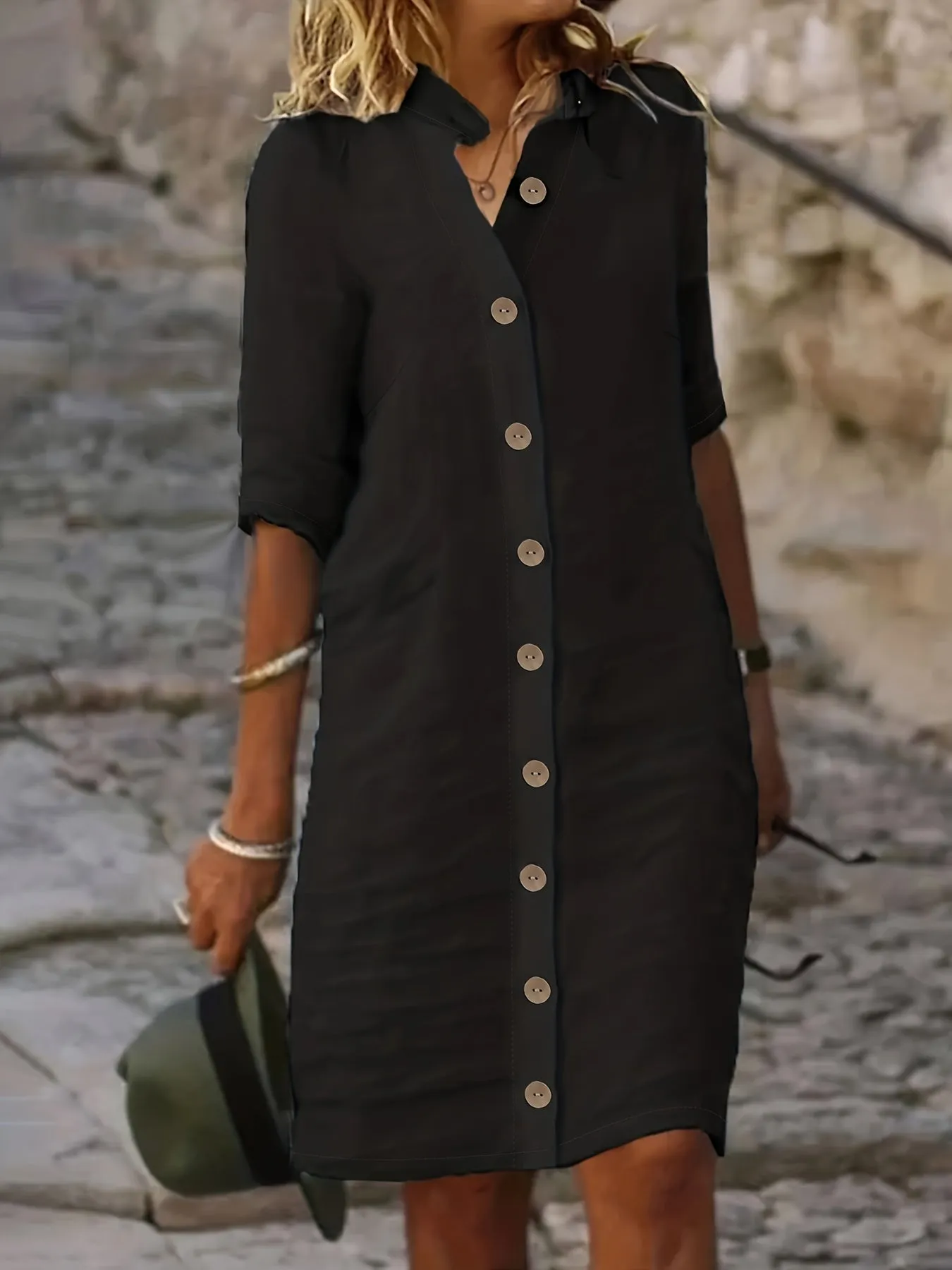 Stella - Elegant casual women's midi button-down dress