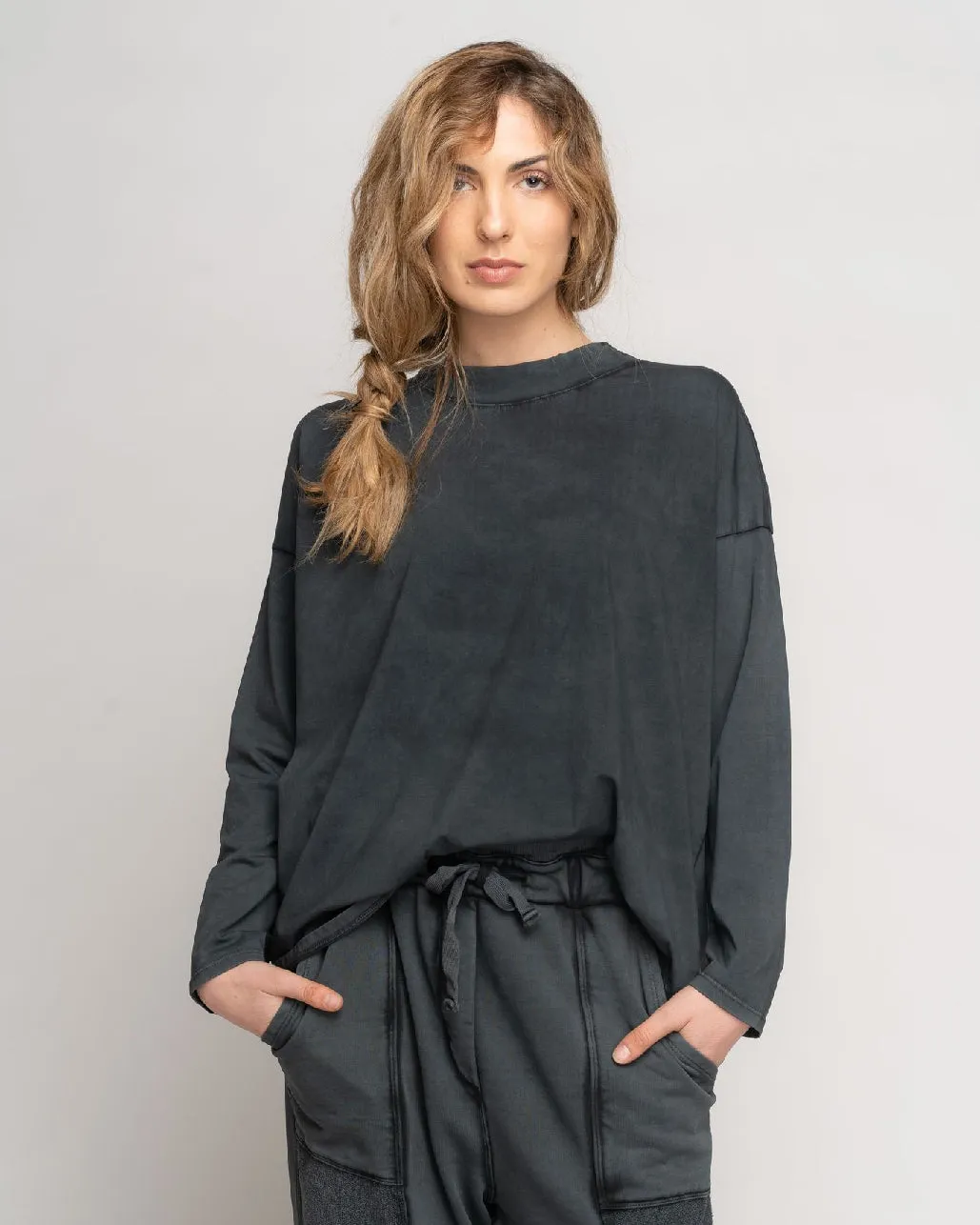 Stonewash Loose Fit Long Sleeve Mock Tee
