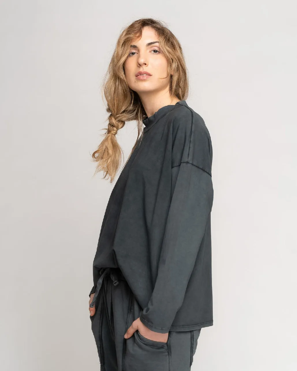 Stonewash Loose Fit Long Sleeve Mock Tee
