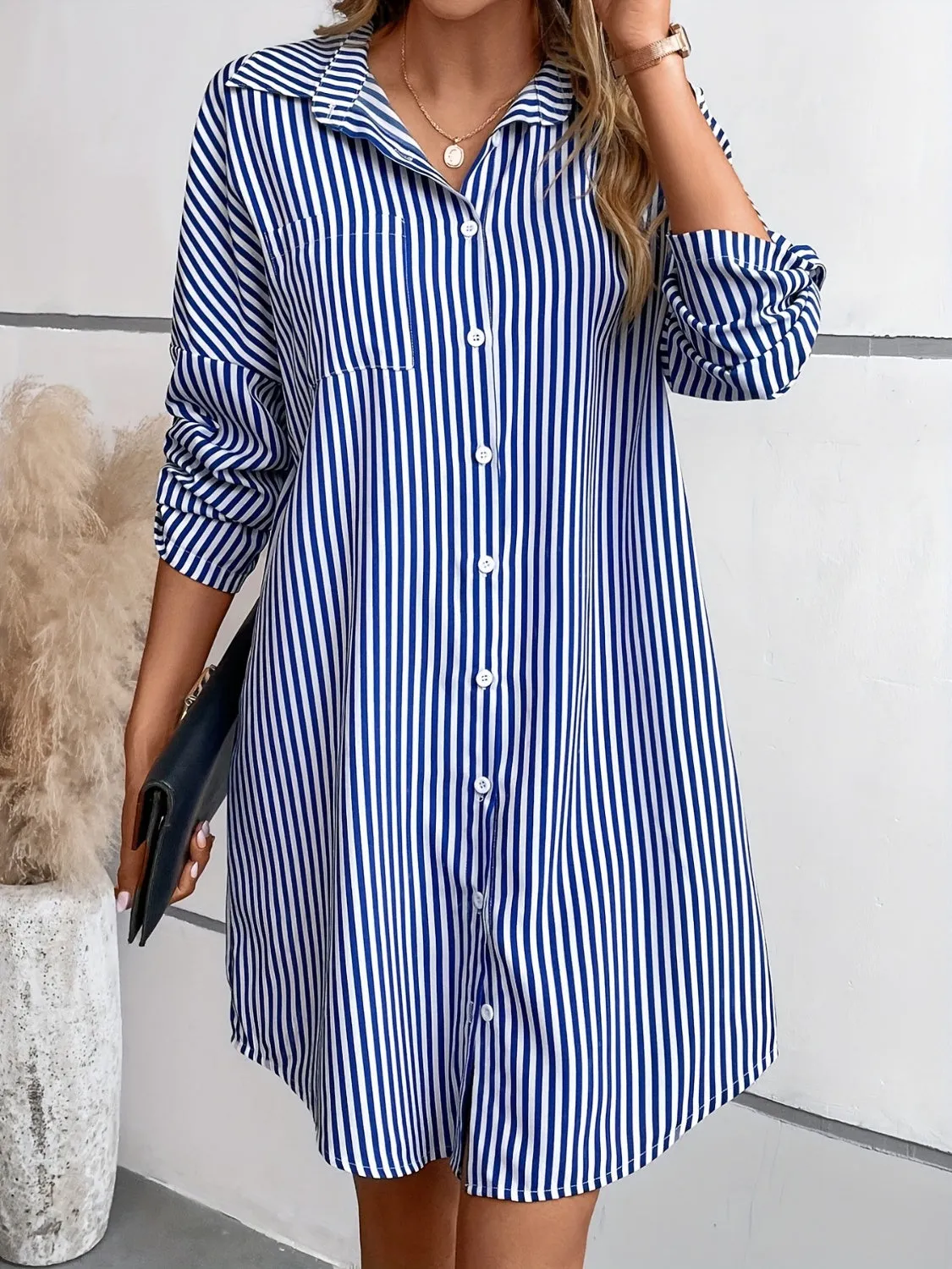 Striped Button Up Long Sleeve Mini Shirt Dress