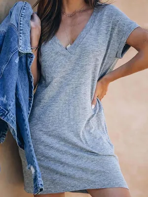 Stunncal Casual Deep V-neck T-shirt Dress