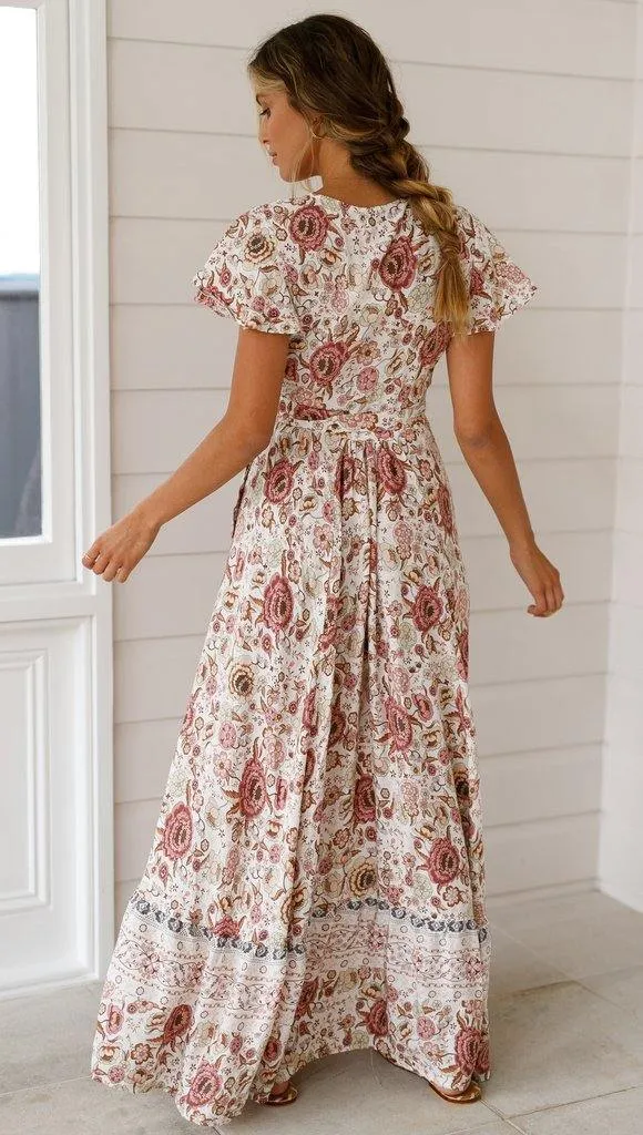 Summer V Neck Ruffled Sleeves Long Dresses