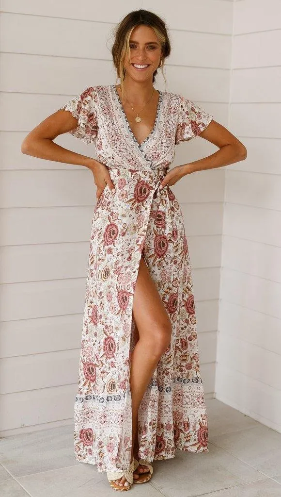 Summer V Neck Ruffled Sleeves Long Dresses