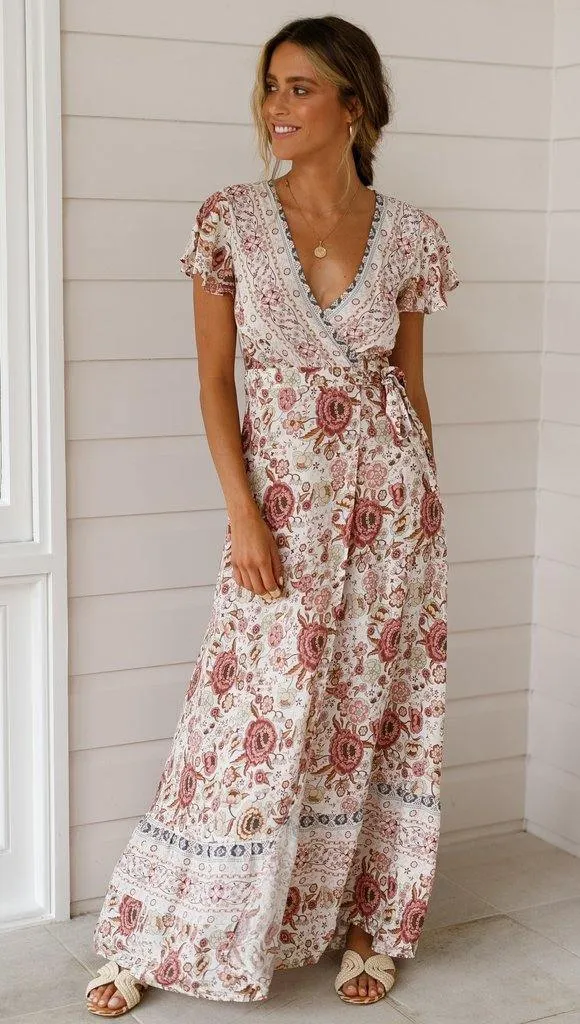 Summer V Neck Ruffled Sleeves Long Dresses
