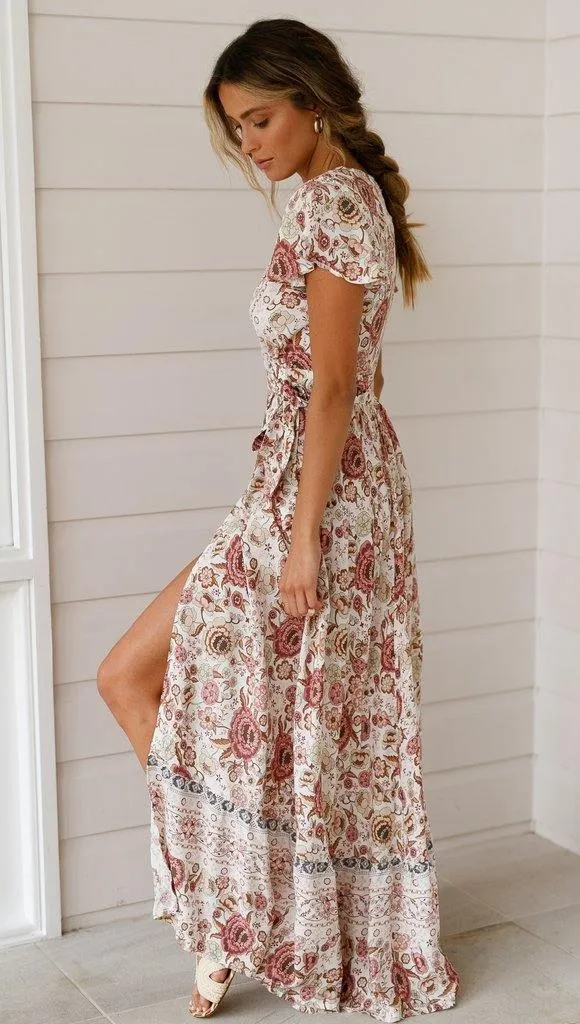 Summer V Neck Ruffled Sleeves Long Dresses