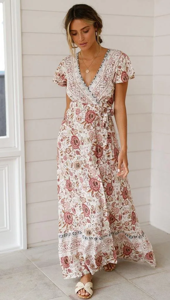 Summer V Neck Ruffled Sleeves Long Dresses