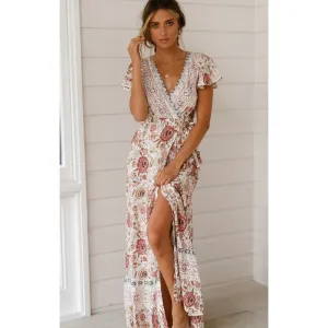 Summer V Neck Ruffled Sleeves Long Dresses
