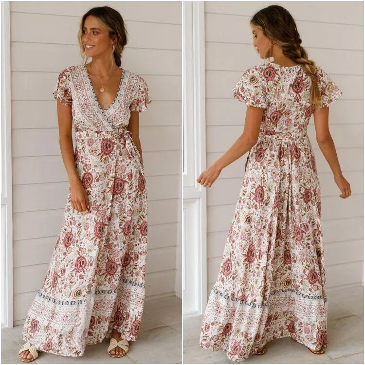 Summer V Neck Ruffled Sleeves Long Dresses