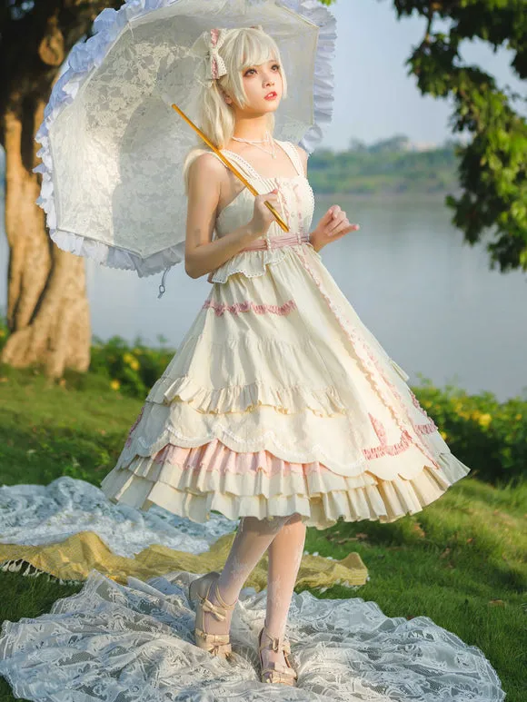 Sweet Lolita Dress Polyester Sleeveless Ruffles Jumper Dress
