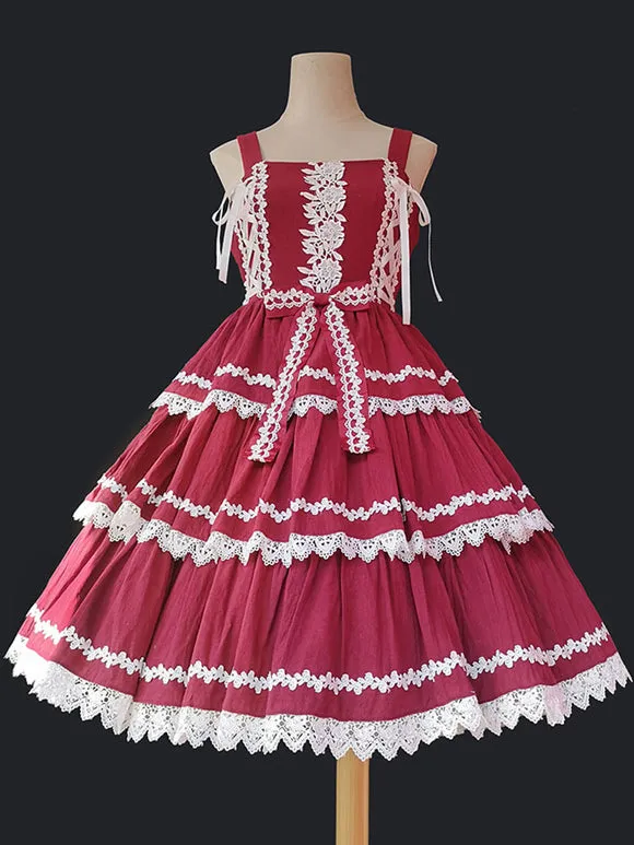 Sweet Lolita JSK Dress Sleeveless Lace Bowknot Red Lolita Jumper Skirt