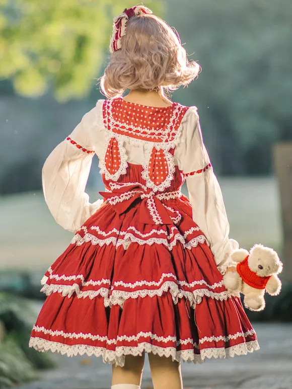 Sweet Lolita JSK Dress Sleeveless Lace Bowknot Red Lolita Jumper Skirt