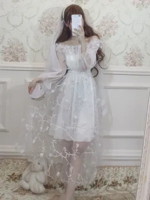 Sweet Lolita OP Dress Ruffle Flower Tulle White Lolita One Piece Dress
