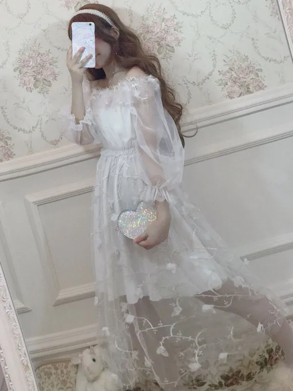 Sweet Lolita OP Dress Ruffle Flower Tulle White Lolita One Piece Dress